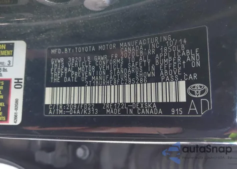 2015 Toyota Corolla S Plus из США, поврежденный, VIN 2T1BURHE8FC285286